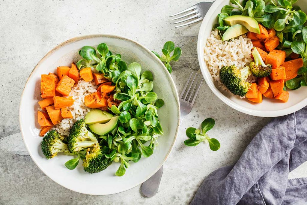 plato de batata, brocoli y arroz